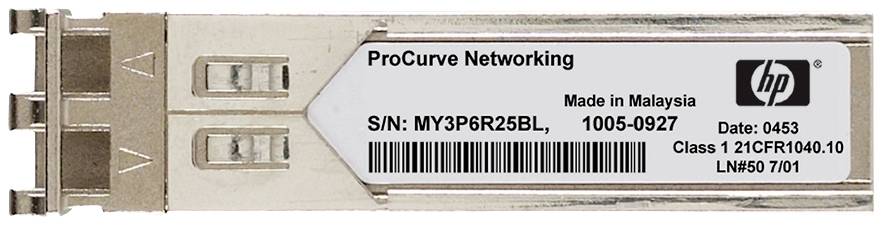 ProCurve mrežni modul sa serijskim brojem MY3P6R25BL i zemljom proizvodnje Malezija. Na naljepnici se nalaze različiti tehnički podaci.