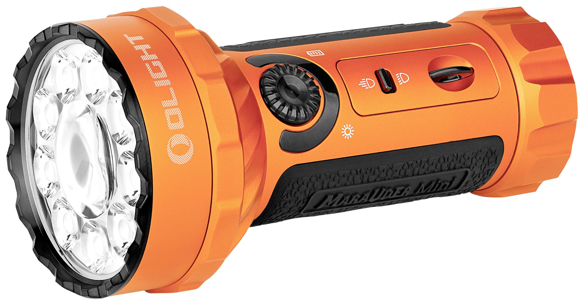 Narančasta LED džepna svjetiljka s više žarulja. Vidljivi su prekidač i gumb za podešavanje brightness.