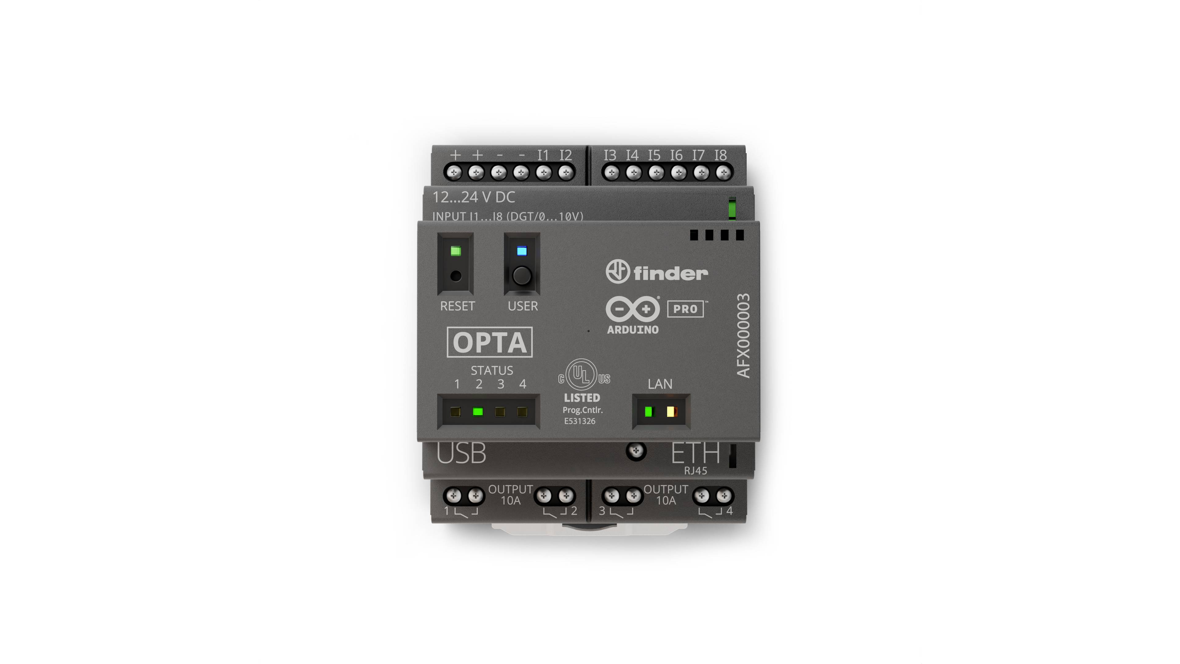 Finder upravljačka jedinica s Arduino logotipom, indikatorskim LED-ovima, tipkama i priključcima za USB, Ethernet i ulaz/izlaz.