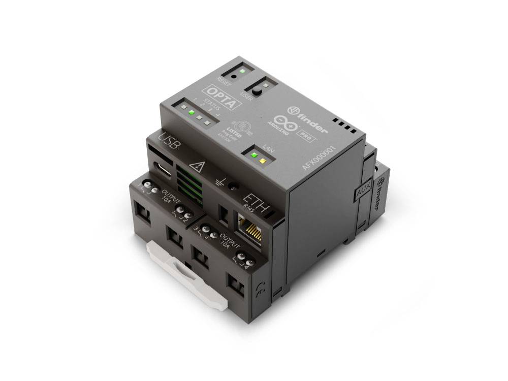 Kompaktna elektronička upravljačka jedinica s priključcima za USB i Ethernet. Pogodna za industrijske primjene i automatizaciju.
