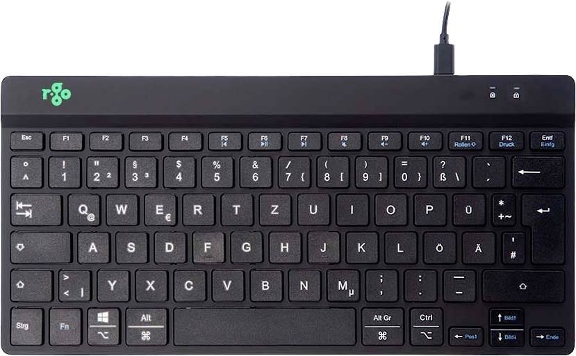 Crna, kompaktna QWERTZ tipkovnica s redom funkcijskih tipki, strelicama i priključenim USB kabelom, snimljena odozgo.
