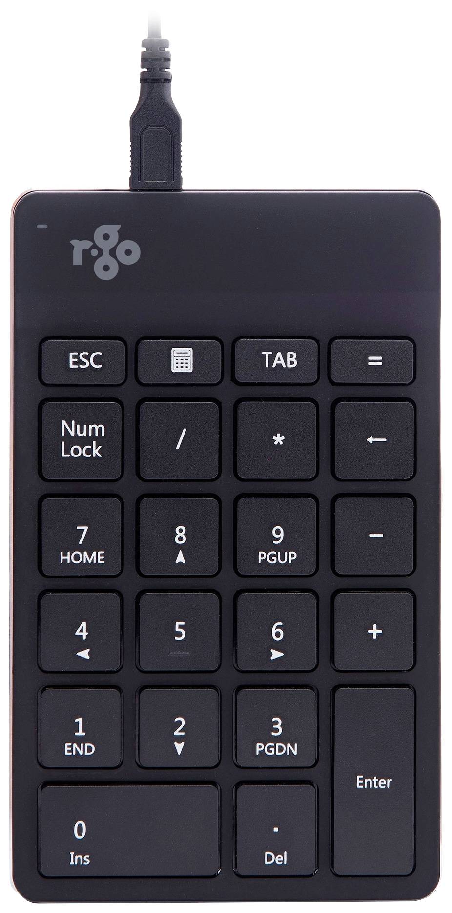 Crni numerički blok s kabelskom vezom i tipkama za brojeve od 0 do 9, računske operacije te tipke za 'Num Lock', 'ESC', 'TAB'.
