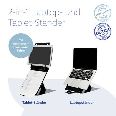 2-u-1 stalak za laptop i tablet s integriranim držačem dokumenata. Dva stalka za laptop i tablet, izrađena u Nizozemskoj.