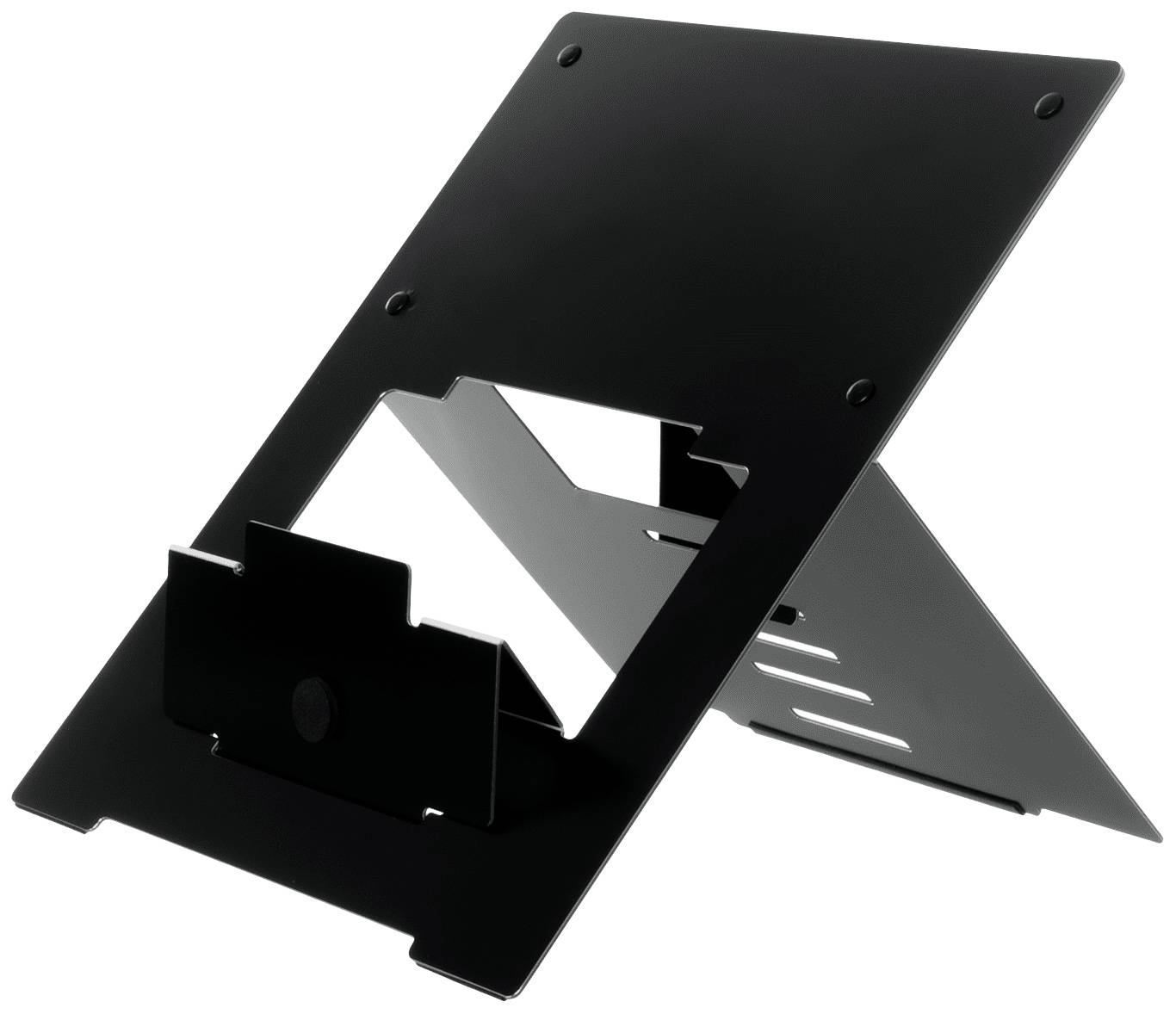 Crni metalni stalak za prijenosno računalo s podesivim kutom nagiba, pogodan za ergonomski rad na radnom stolu.