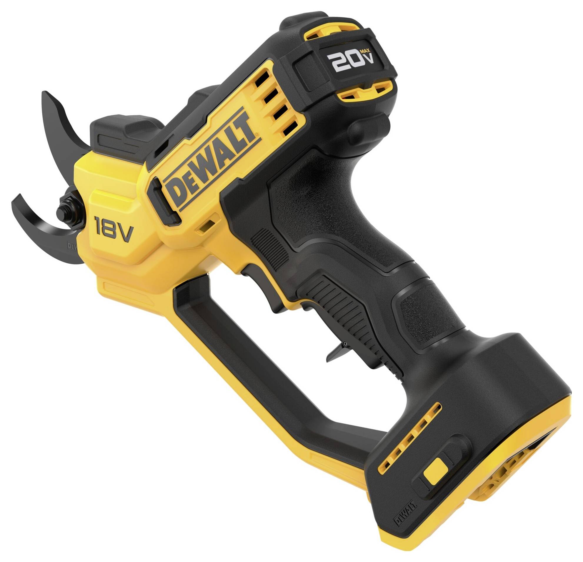 Akumulatorske škare s ergonomskom ručkom, dizajn u žuto-crnoj boji, vidljiv 'DeWalt' logotip. Idealne za vrtne poslove. Kompatibilne s 18V i 20V baterijama.