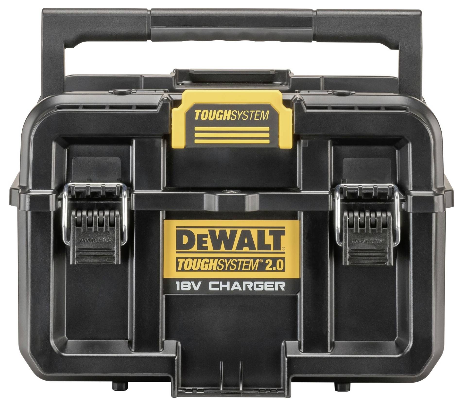 DeWalt ToughSystem 2.0 punjač baterija u čvrstom, crnom kućištu, pogodan za čuvanje i transport.