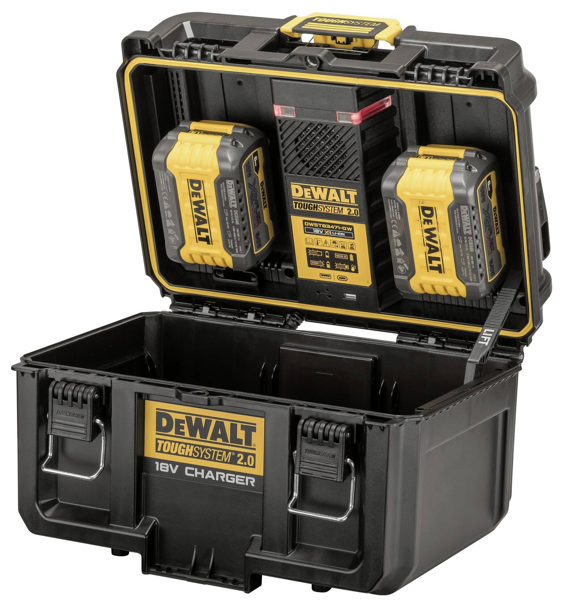 DEWALT ToughSystem 2.0 kutija za alat s dva akumulatora i punjačem, robusnog dizajna, pogodan za potrebe na gradilištu.