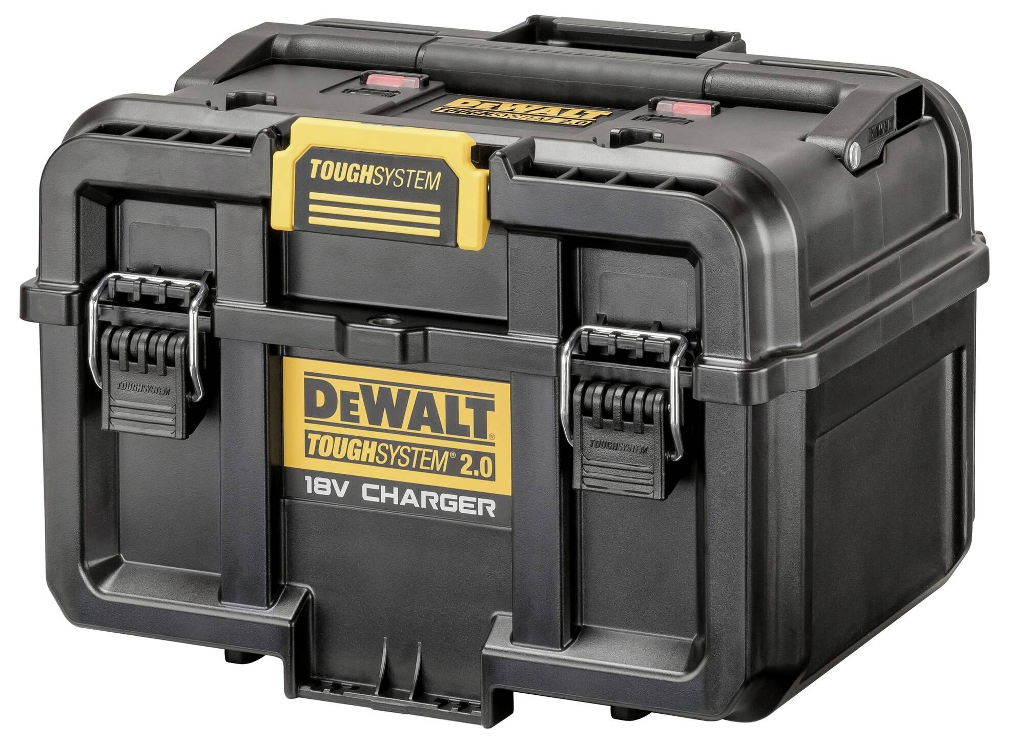 Crna DeWalt ToughSystem 2.0 kutija za alate sa žutim logotipom i ručkom. Čvrsto je konstruirana i ima dva bočna zaključavanja.