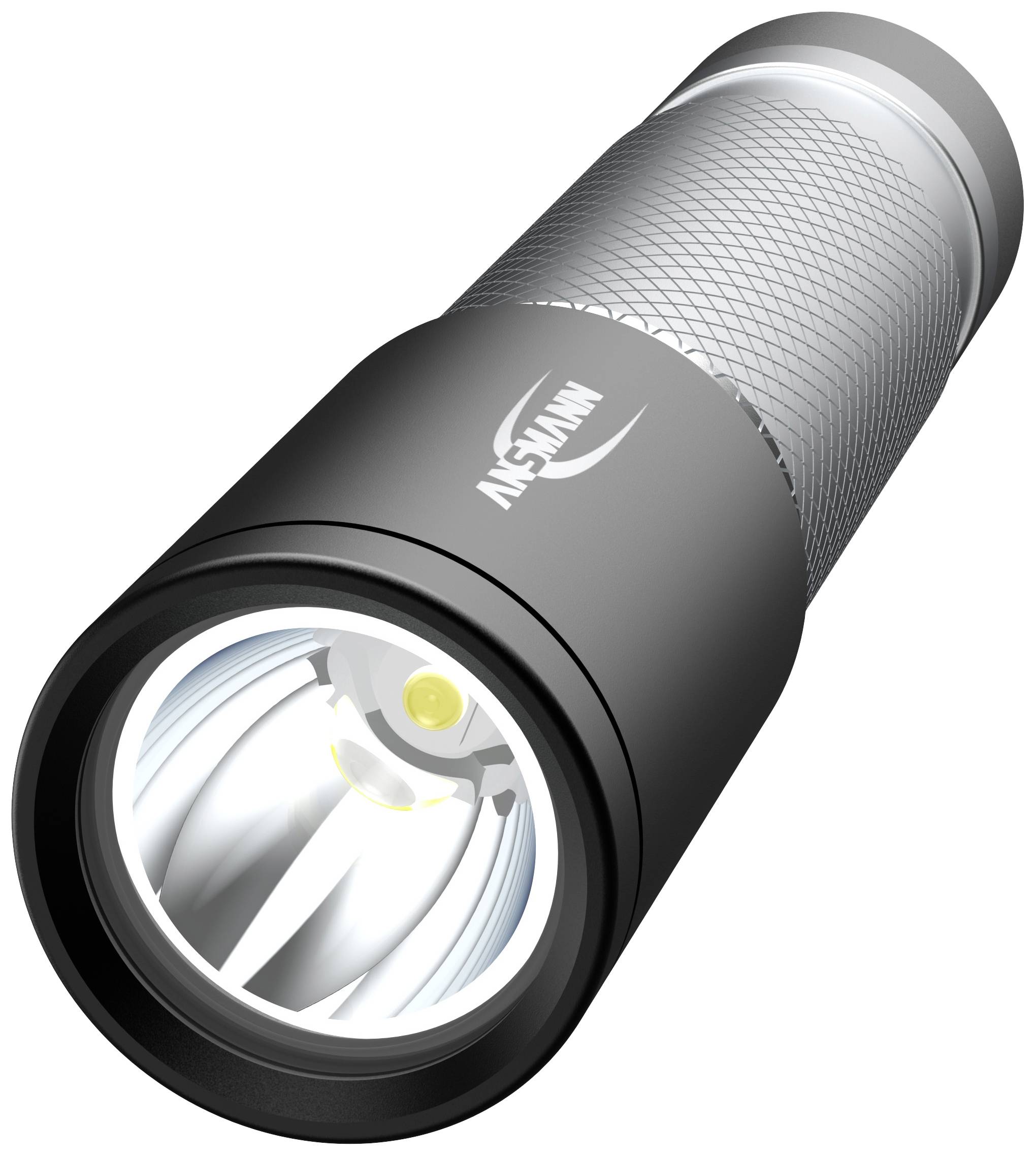 Crna baterijska lampa s rebrastom ručkom i srebrnim reflektorom, koja emitira jako bijelo svjetlo.