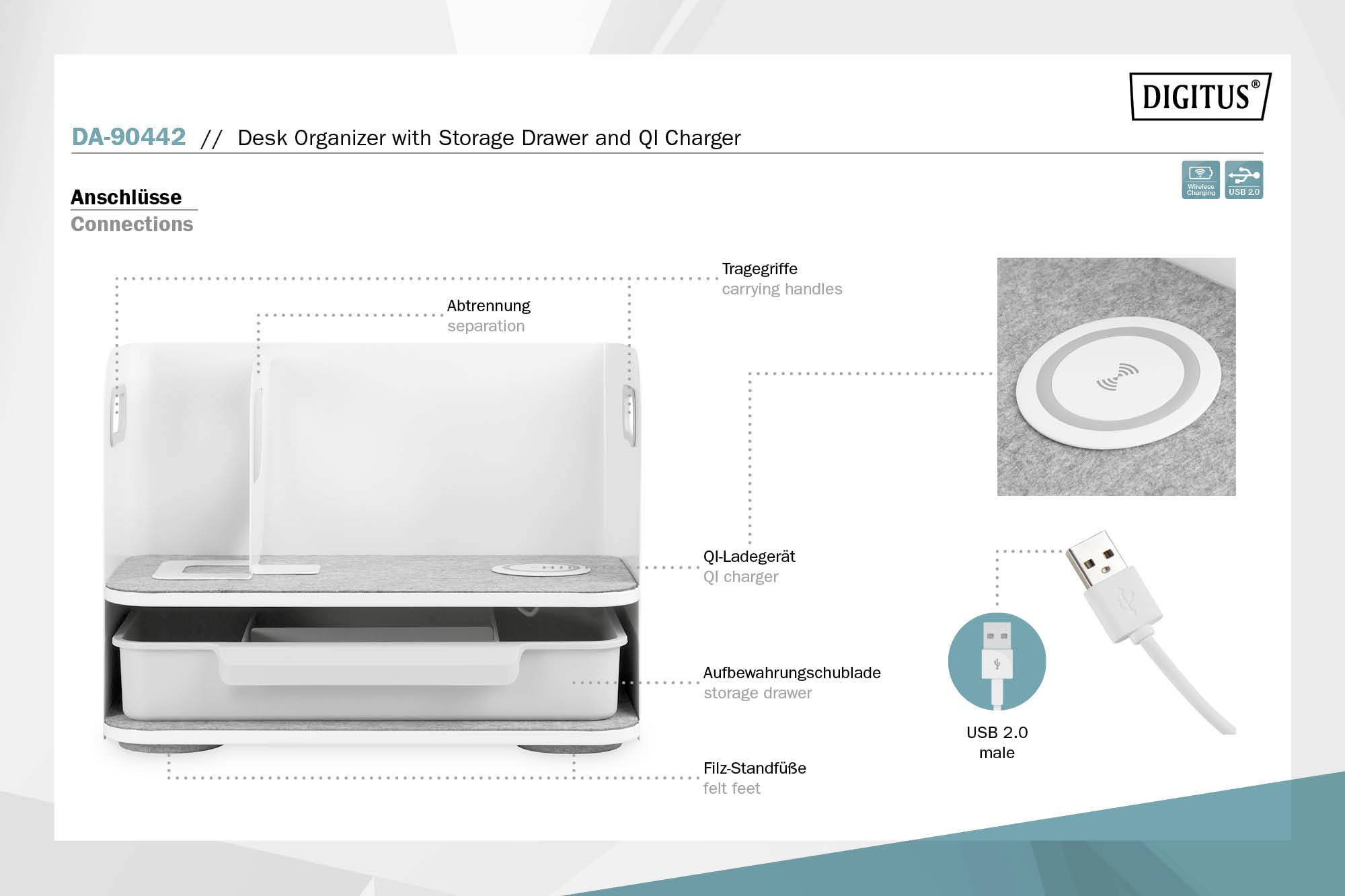 Radni organizator za pisaći stol s funkcijom punjenja. Slika prikazuje pregradne zidove, ručke za nošenje, punjaču stanicu u detalje i USB kabel za priključivanje.