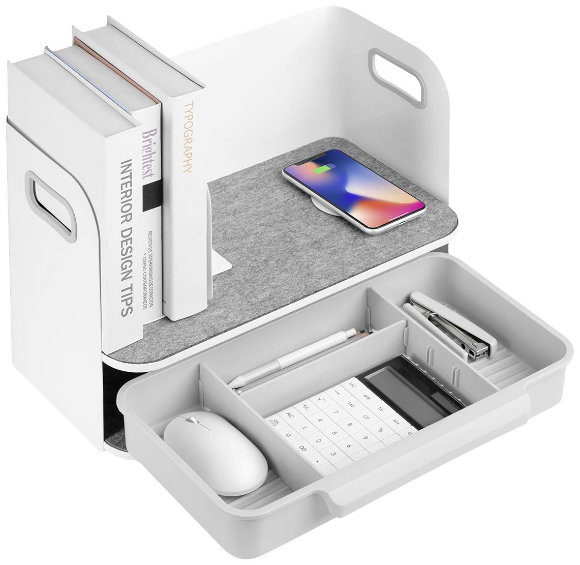 Bijeli organizator s dvije razine koji uredno čuva knjige, pametni telefon, olovke, kalkulator i miš.