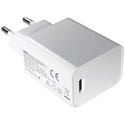 Bijeli USB punjač s europskim utikačem, otisnuta CE oznaka i tehnički detalji.
