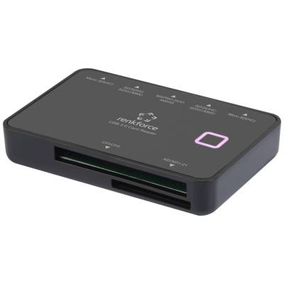 Crni USB 3.0 čitač kartica od Renkforca s nekoliko utora za različite formate memorijskih kartica.
