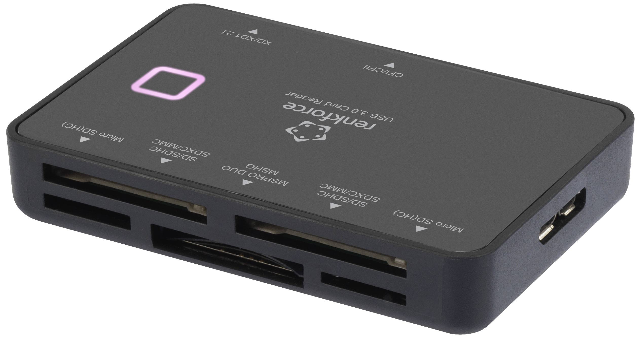 Čitač USB 3.0 kartica s više utora za podršku različitih formata memorijskih kartica; pravokutno, crno kućište.