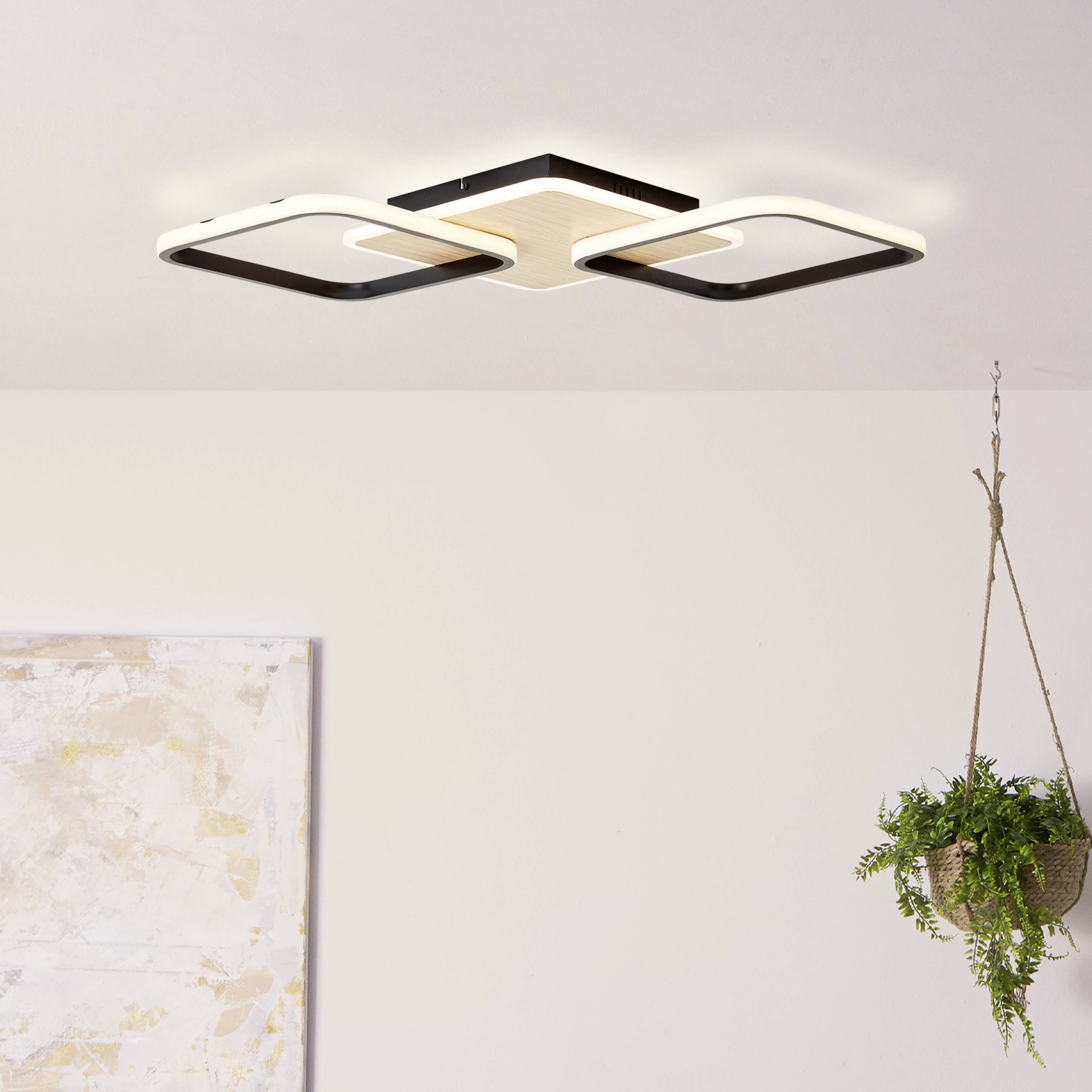 Višdijelna stropna lampa s kvadratičnim okvirima. Prijeliv boja dolje lijevo na svijetlom zidu. Viseća biljka desno dolje.