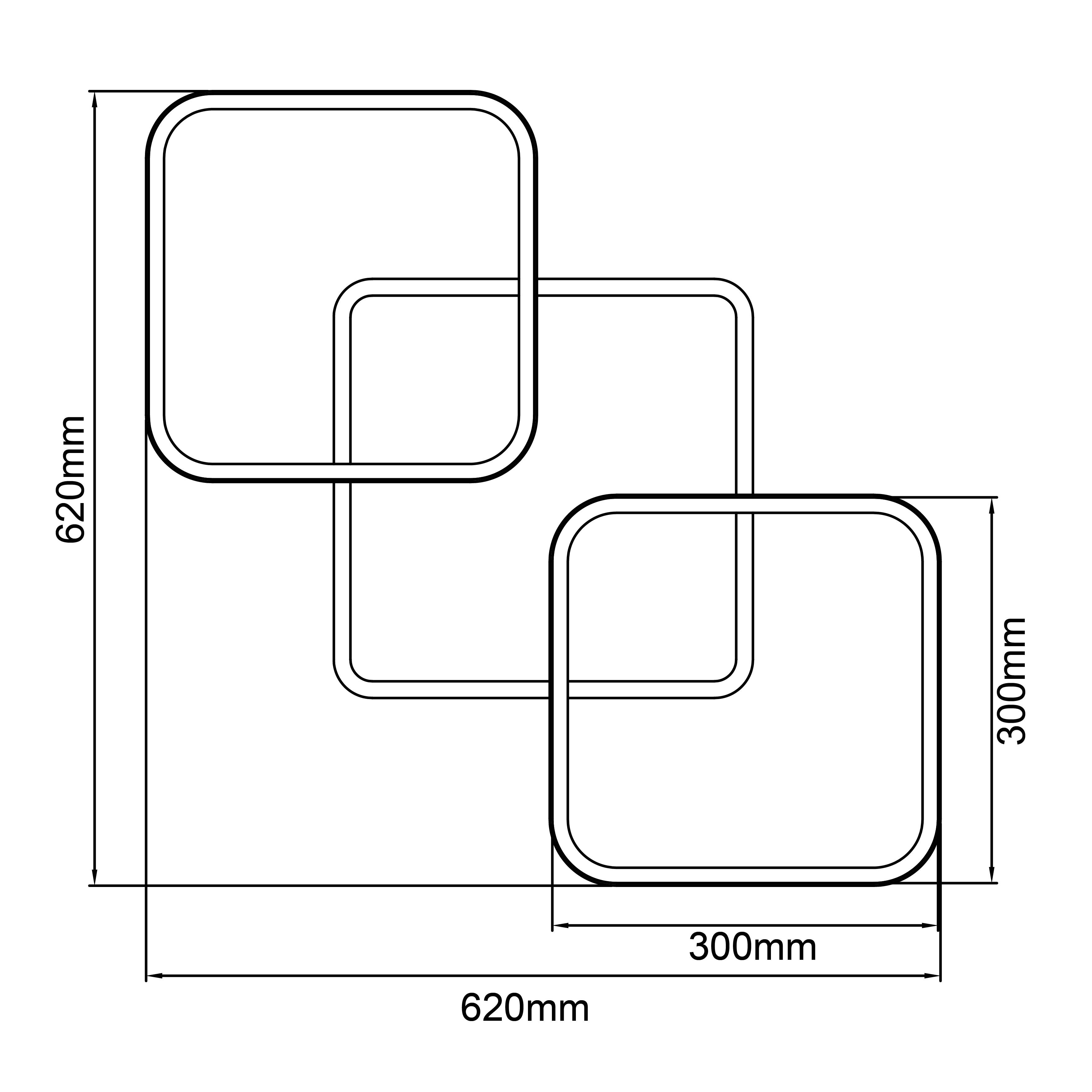 Tri preklopljena kvadrata zaobljenih rubova, svaki širok 300 mm. Čitav raspored mjeri 620 mm u visini i širini.