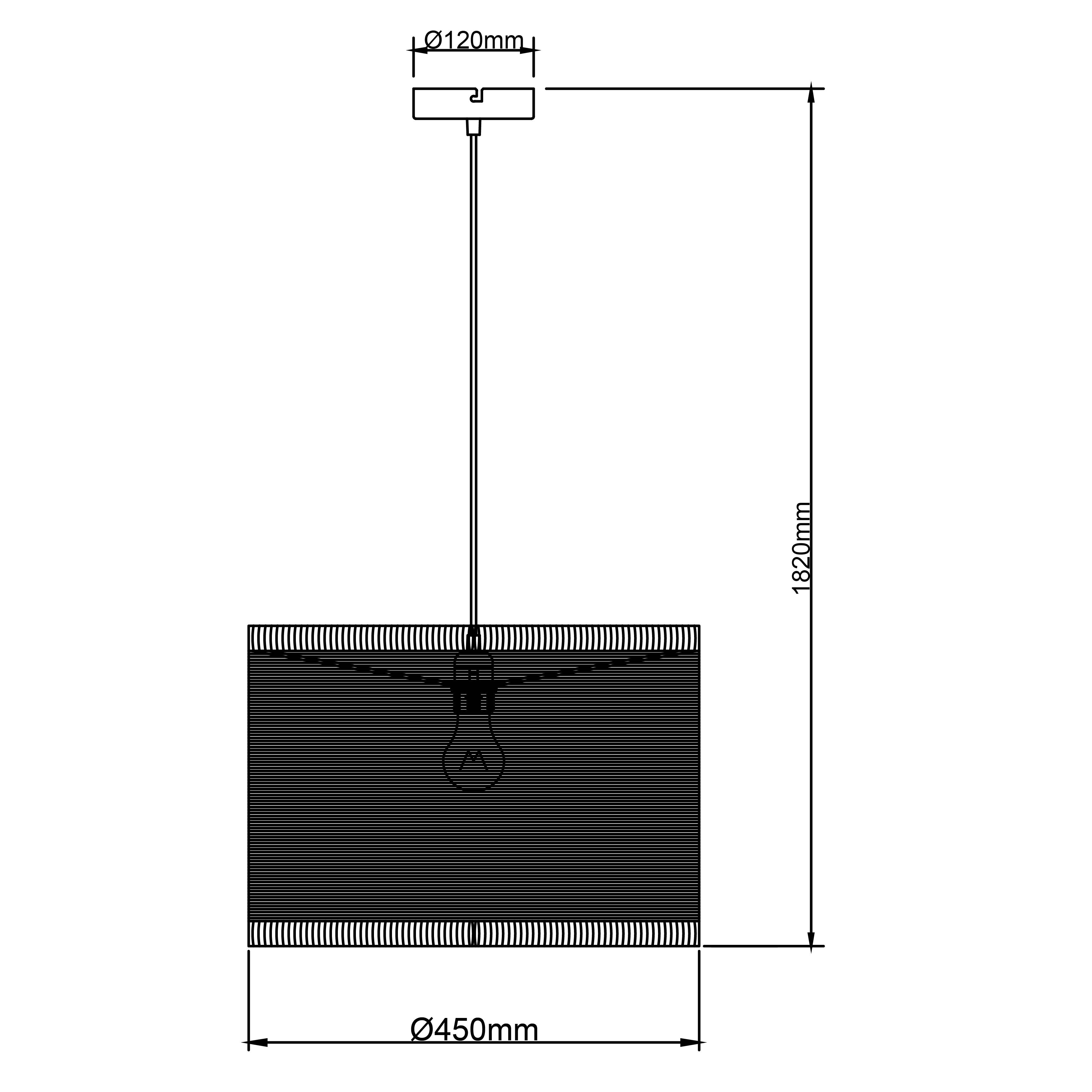 Tehnički nacrt viseće lampe: promjer sjenila 450 mm, ukupna visina 1820 mm, promjer pričvršćivanja na strop 120 mm.