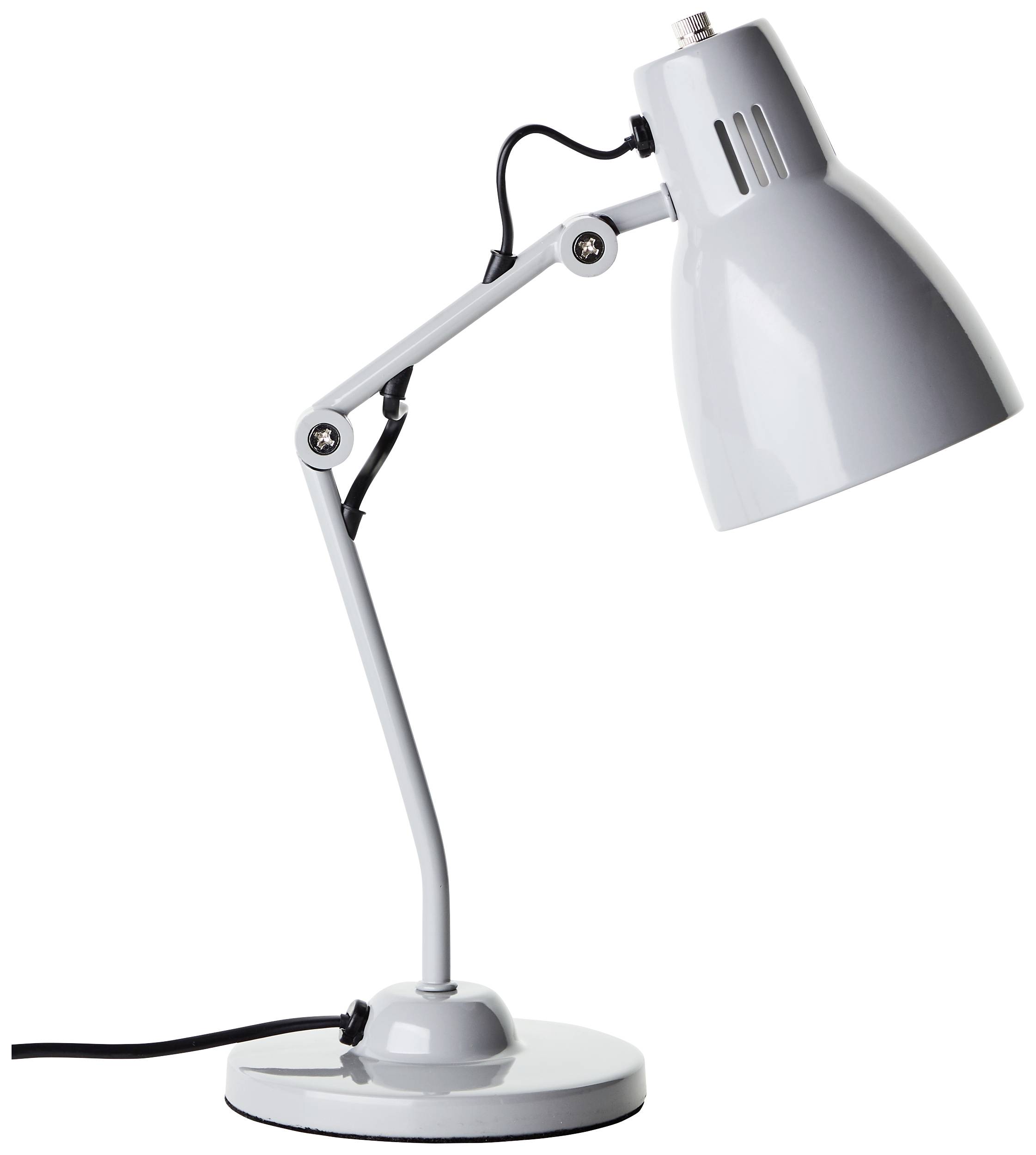 Siva stolna lampa podesivog kraka i okruglog postolja, povezana crnim kabelom.
