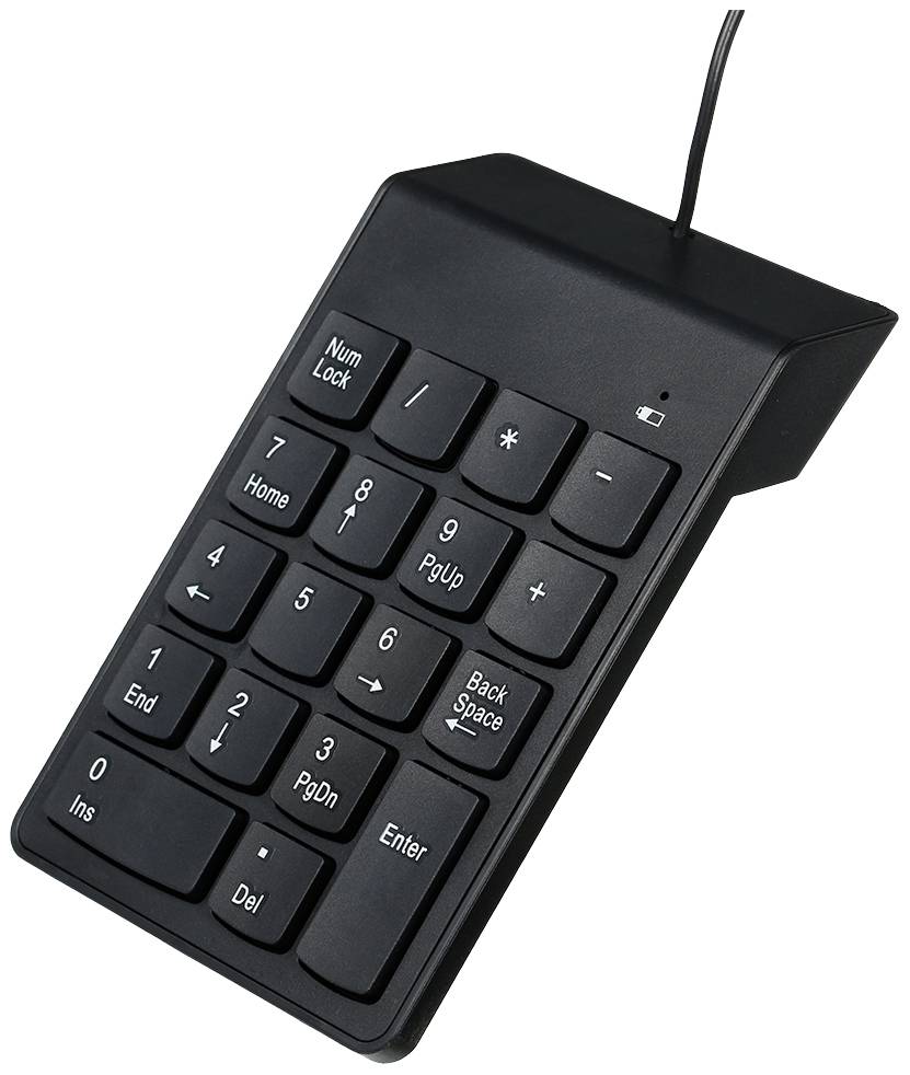 Crni, žičani numerički blok s tipkama za brojeve, računske operacije i navigaciju poput 'Num Lock', '+' i 'Enter'. Idealan za unos podataka.