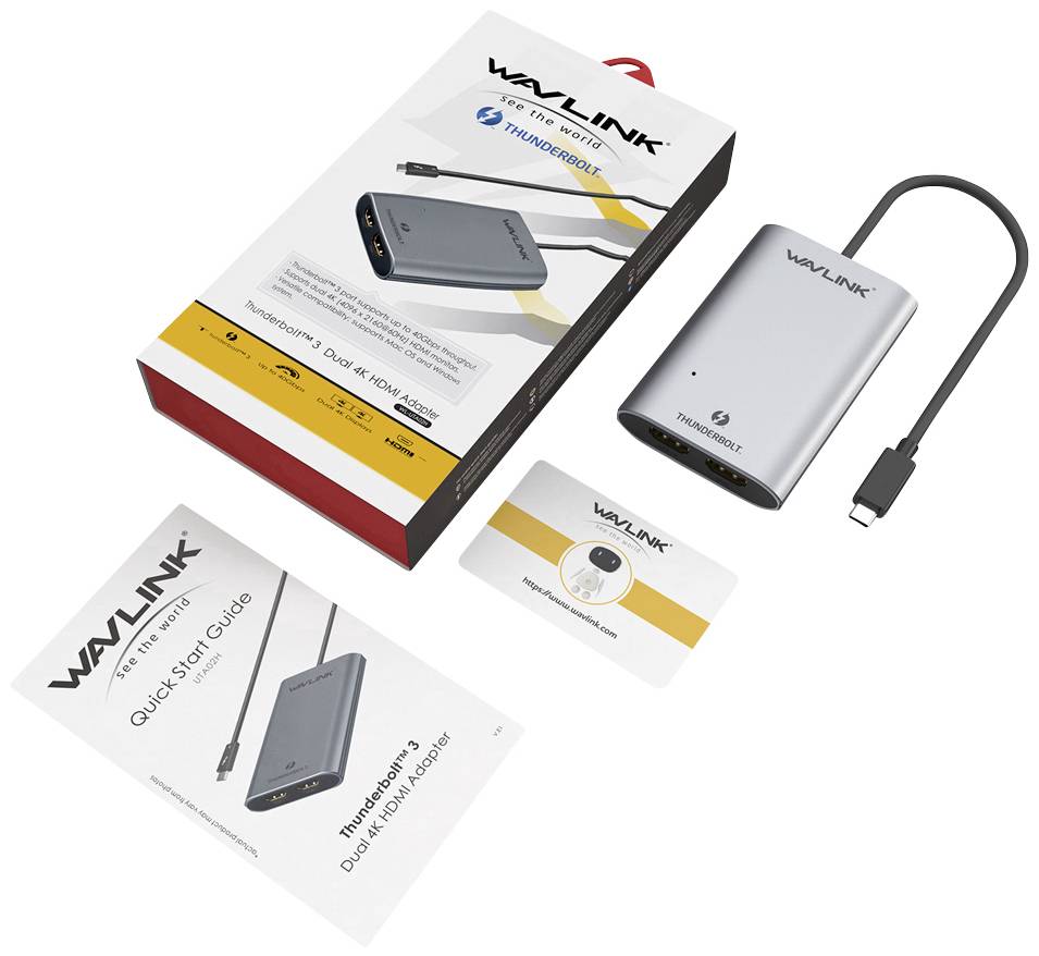 Adapter 'WAVLINK Thunderbolt 3' u srebrnoj boji s pakiranjem i korisničkim priručnikom. Uključuje USB-C kabel, namijenjen HDMI povezivanju.
