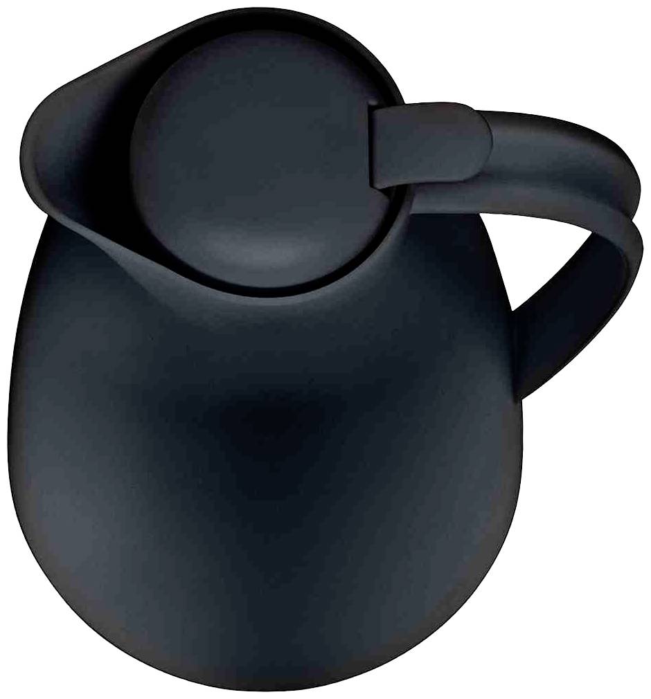 Crni, elegantni čajnik zaobljenog dizajna s velikim ručajem, idealan za moderne kuhinjske prostore.