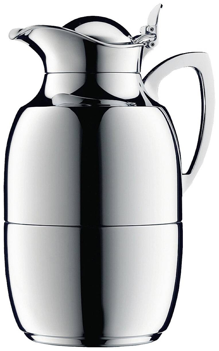 Srebrna termo posuda za napitke elegantnog dizajna i sjajne surface, pogodna za tople i hladne napitke.