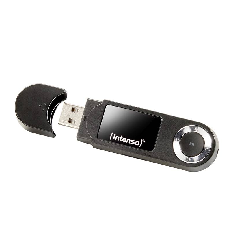 Slika prikazuje crni MP3-player tvrtke Intenso s uklonjenim USB ključem.