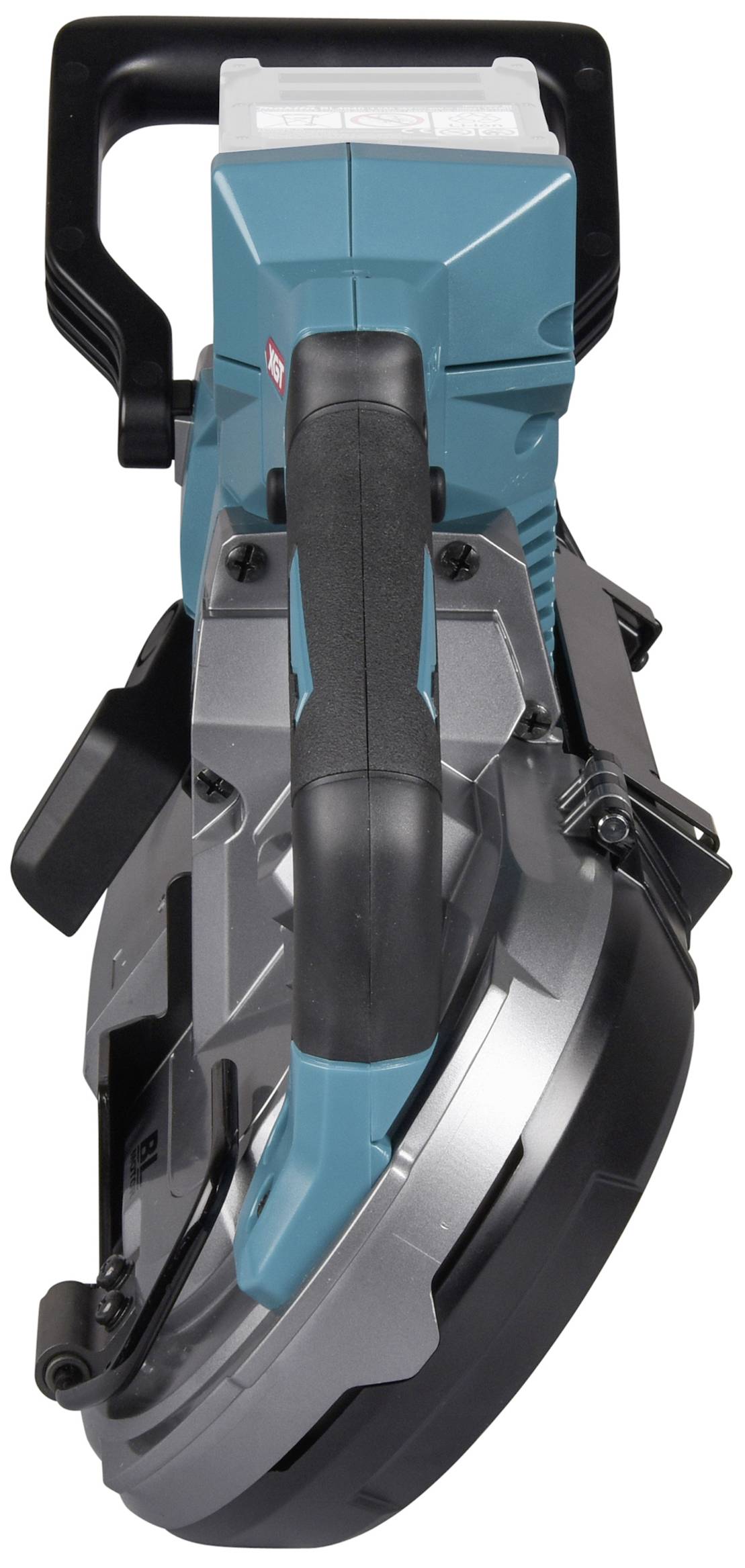 Električna kružna pila s plavom i crnom oplatom, dva ručna rukohvata i okruglim reznim listom, pogodna za precizne rezove.