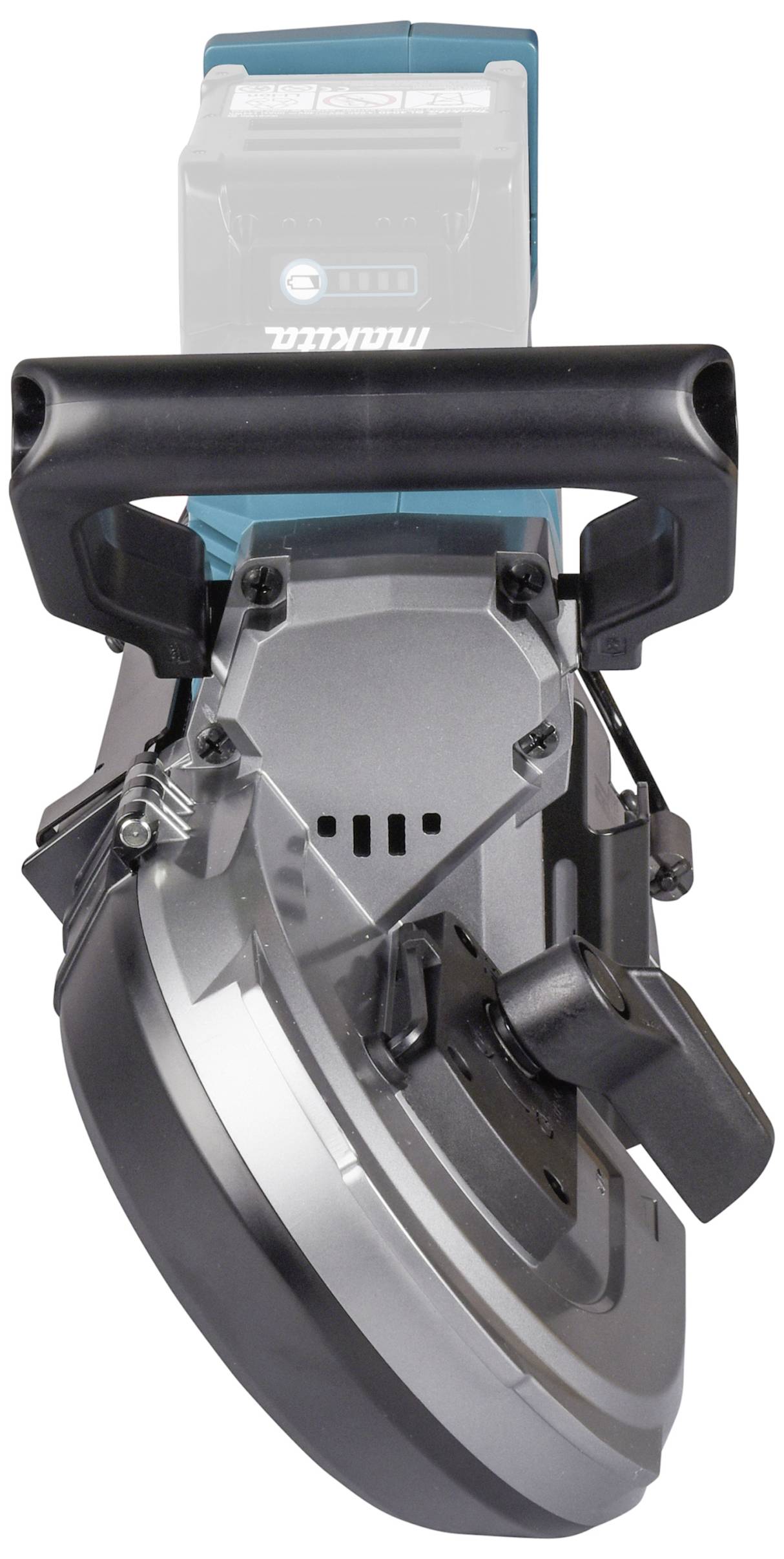 Kružna pila promotrena odozgo, s crnom ručkom i srebrnim kućištem lista pile.