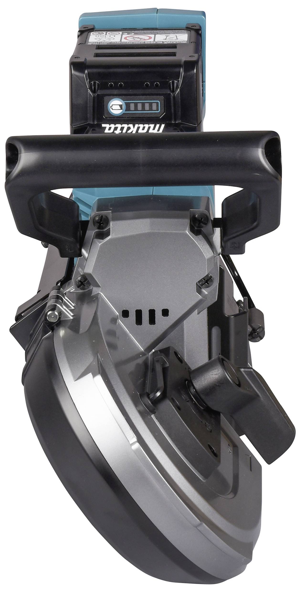 Plava i srebrna baterijska kružna pila pogledana odozgo. Ima crnu ručku i zaštitni poklopac preko list pile.