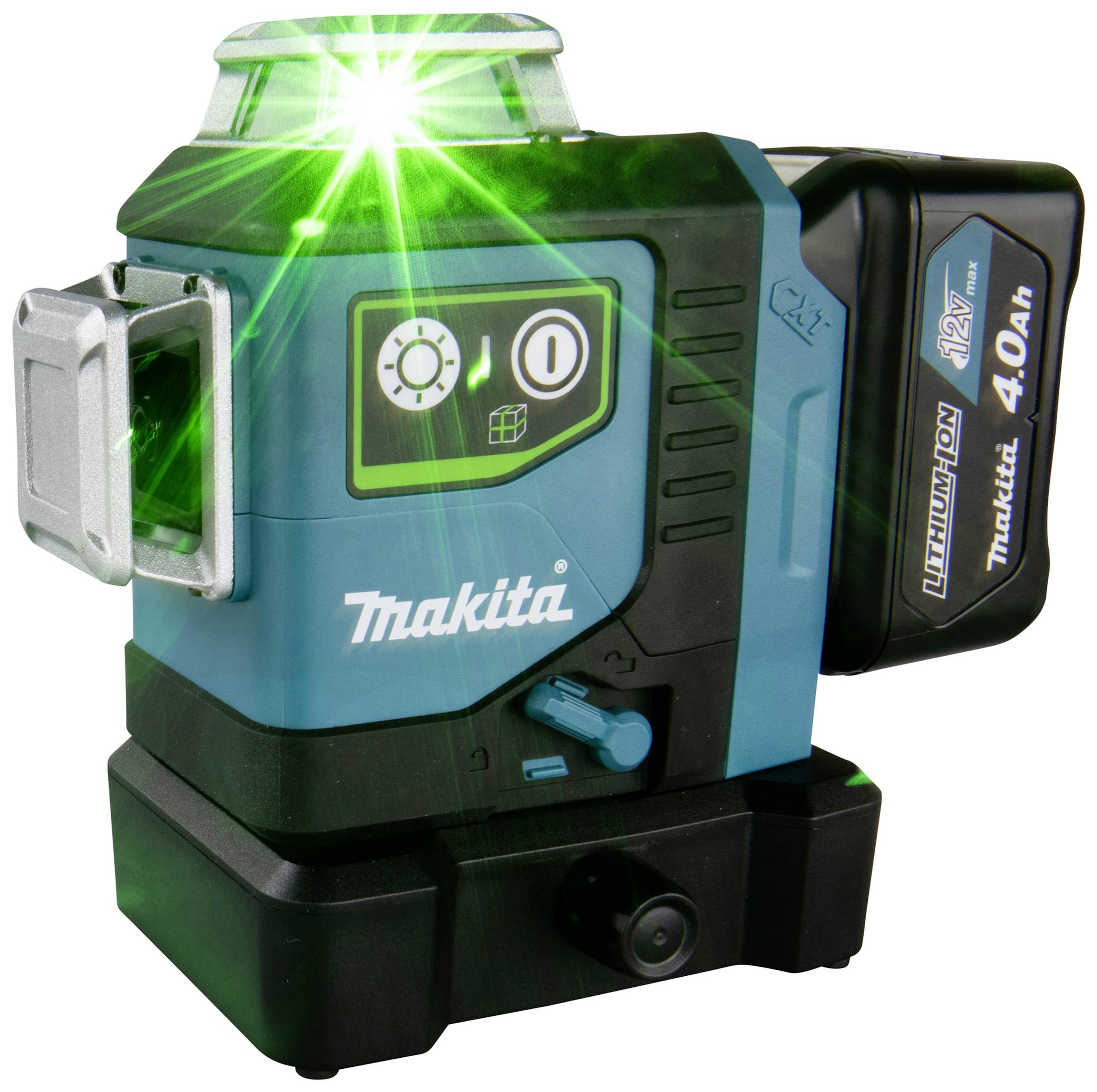 Makita križnolinijski laser sa zelenom laserskom zrakom, kompaktan i prenosiv, montiran na crnoj bazi.