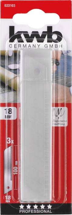 Slika prikazuje paket zamjenskih oštrica od 'kwb Germany GmbH', 18 mm, za skalpel. Pakiranja je dizajnirano crvenom i bijelom bojom.