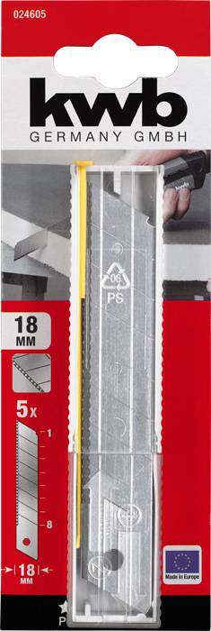 Nož 'Kwb Germany GmbH', 18 mm, 5 komada, siva oštrica, crvena ambalaža. Izrađeno u Europi.