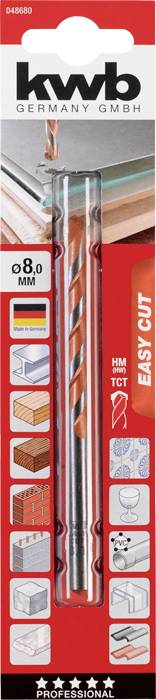 Kutija svrdala s tekstom 'kwb GERMANY GMBH', promjera 8,0 mm, za materijale poput drva i metala, sa simbolima za područja primjene.