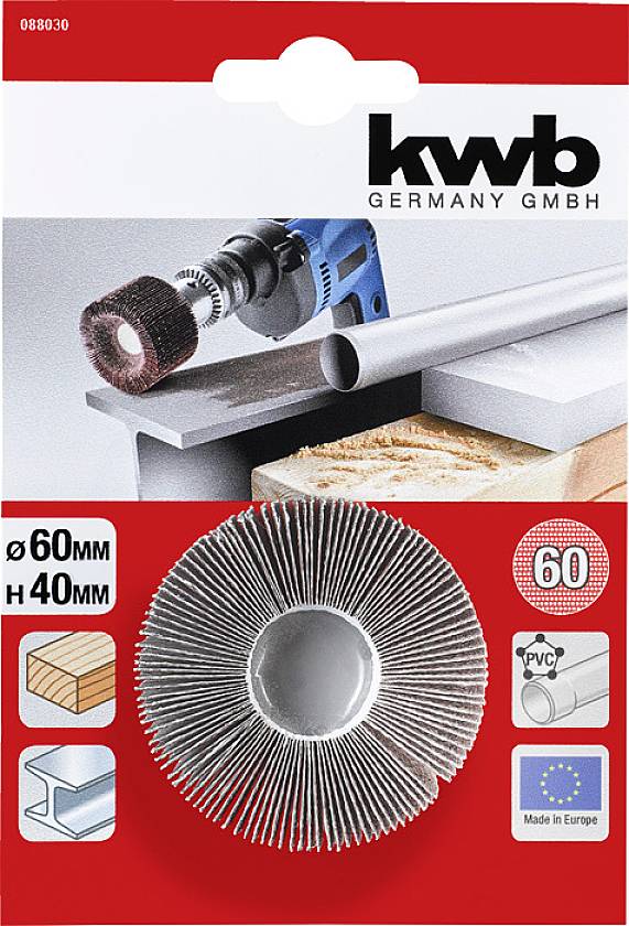 Kwb Njemačka žičana četka, Ø60mm H40mm, podesiva za PVC i metalne cijevi. Napravljeno u Europi. Prikazano sa strojem za brušenje.