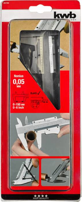 Ambalaža pomičnog mjerila s nonijusom, mjerno područje 0-150 mm, slike prikazuju primjenu na cijevi, naziv marke gore desno.