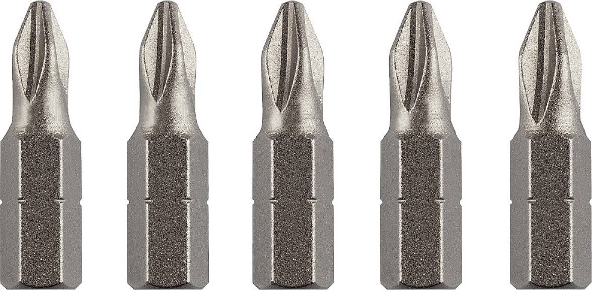 Pet identičnih metalnih vijčanih nastavaka (bitova) s križnim prorezom, poredanih jedan do drugog, svaki s šesterokutnom glavom.