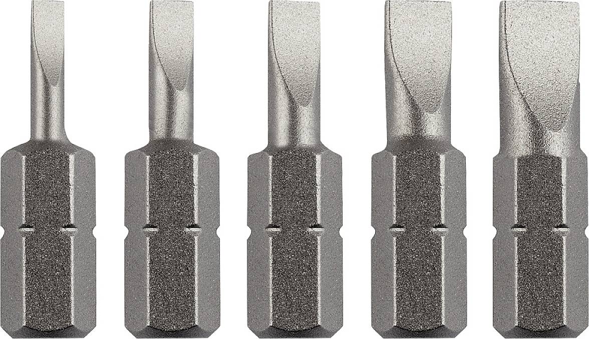 Pet sličnih vijačkih nastavaka s ravnim prorezom, izrađenih od metalnog materijala, poredanih jedna do druge pred neutralnom pozadinom.