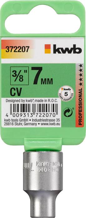 Etiketa alata s podacima o veličini: '3/8" i 7 MM'. Marka: kwb. Broj proizvoda: 372207. Podrijetlo: R.O.C.
