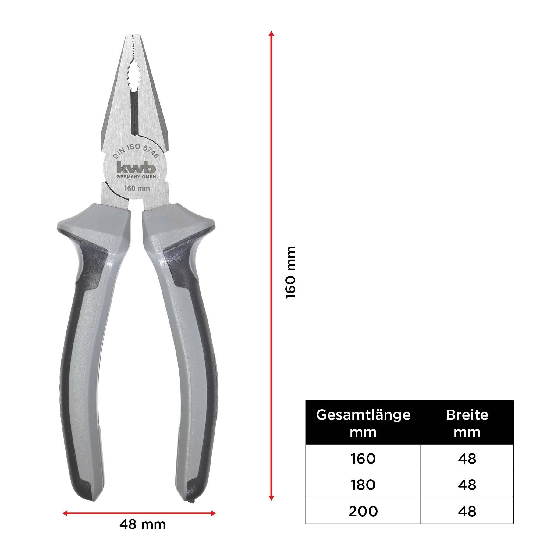 Bočne škare (160 mm) s mjerama lijevo: ukupna duljina 160 mm, širina 48 mm. Tablica prikazuje duljine i širine u mm.