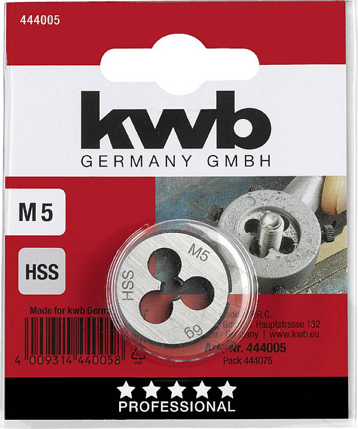 'Kwb nareznica M5, HSS, za precizno narezivanje navoja, pakirana na kartici s produktnim informacijama na njemačkom jeziku.'