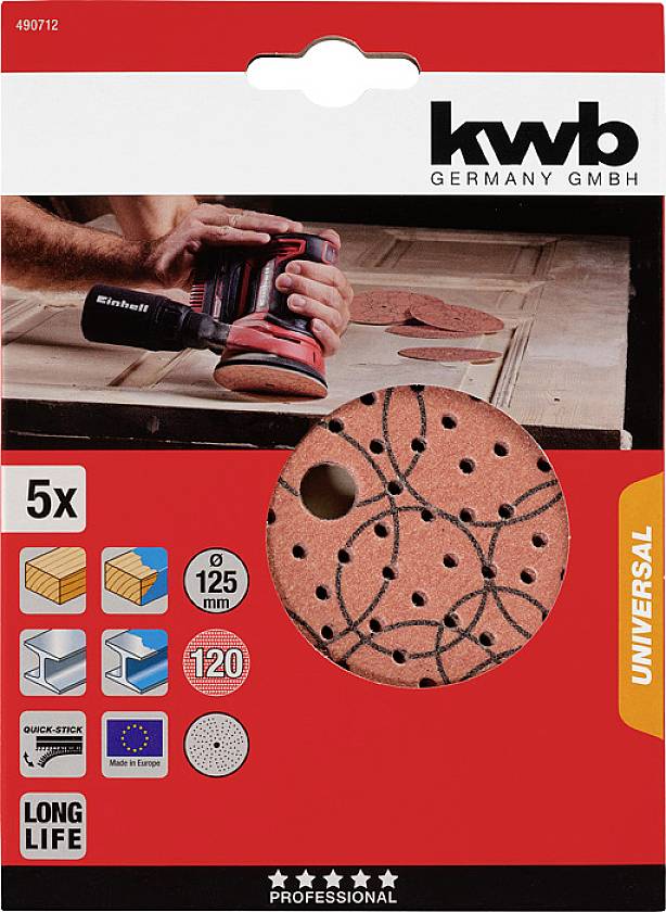 Pakiranje brusnih ploča, pogodnih za drvo i metal, promjera 125 mm. Sadržava 5 komada, granulacije 120. Prikazani alat.