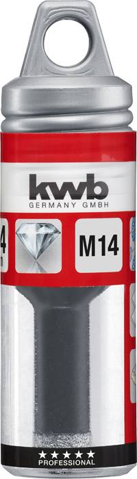 Ambalaža dijamantnog burgije marke 'kwb Germany GmbH', modelni broj M14, s crvenim i srebrnim dizajnom, pogodan za profesionalnu upotrebu.