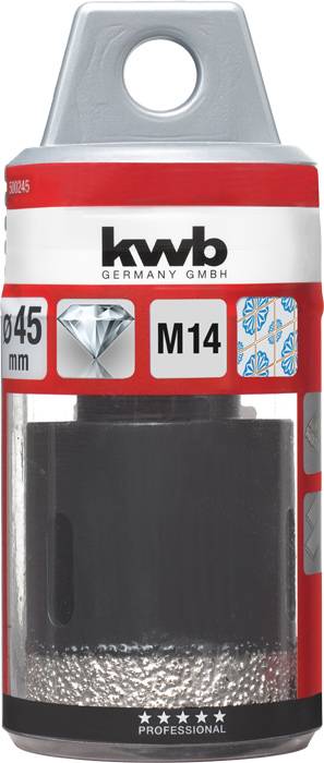 Nastavak svrdla za M14, promjera 45 mm, od KWB Germany GmbH. Pakiranje prikazuje dijamantno svrdlo za profesionalnu upotrebu.