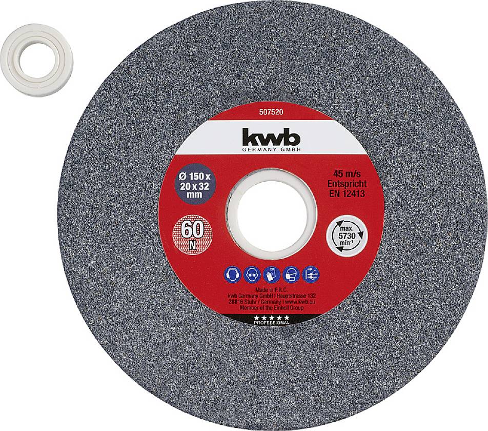 Brusni disk 'kwb Germany'. Okrugli brusni kamen s crvenom naljepnicom na sredini, promjera 150 mm, zrnatosti 60 N, maksimalno 5730 okretaja u minuti.