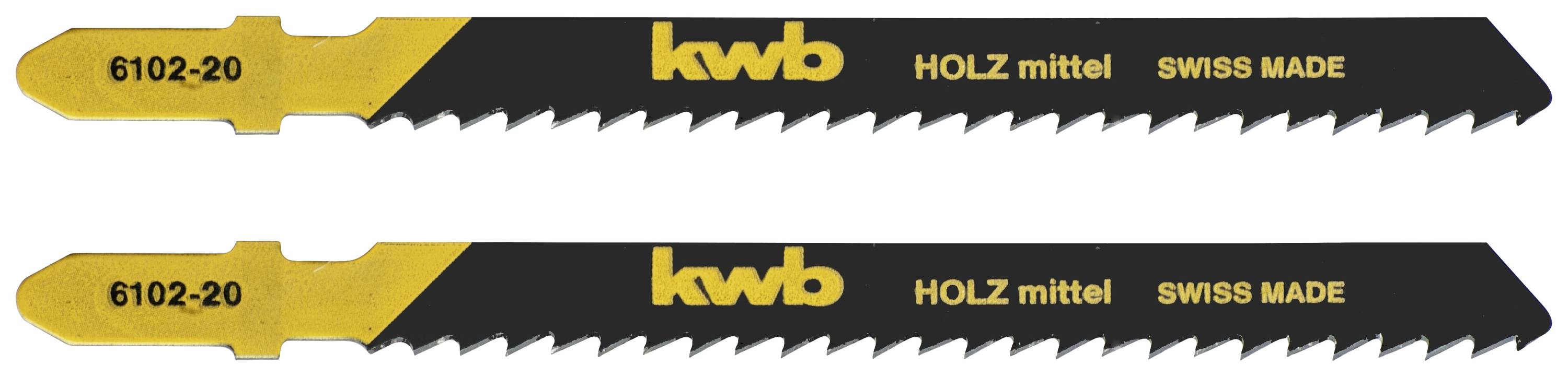 Dva KWB list pile, crno-žuti, s natpisom 'DRVO srednje SWISS MADE' i brojem artikla '6102-20'.