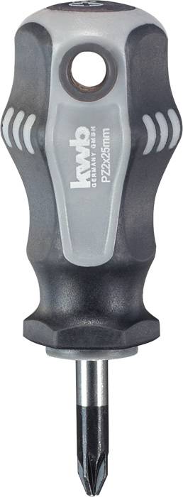 Križni odvijač sa sivim ergonomskim ručkom, oznake 'PZ2x25mm' i 'kwb Germany GmbH'.