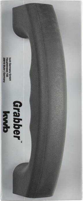 Kvaka za vrata marke kwb, model 'Grabber', u crnoj boji, vertikalno postavljena. Pakiranje prikazuje podatke proizvođača.