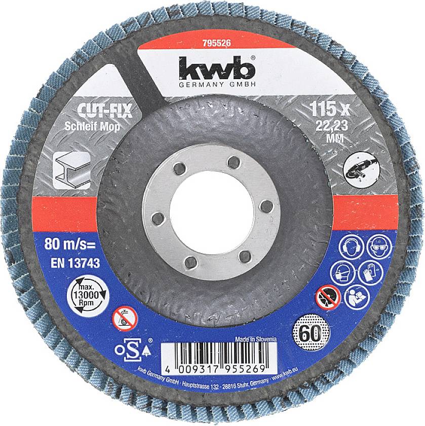 'Kwb brusni disk, 115 x 22,23 mm, maksimalna brzina vrtnje 13.000 o/min, 80 m/s, sukladan EN 13743 normi. Pogodan za obradu metala.'