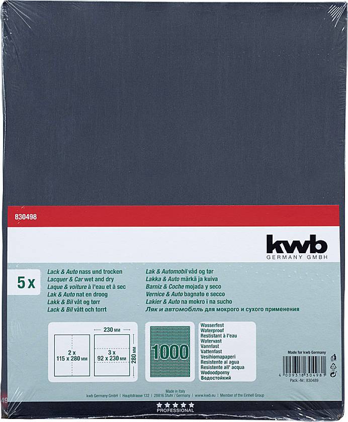 Paket brusnog papira marke 'kwb', pogodan za lakiranje i automobilsku upotrebu. Veličina 115 x 280 mm, 92 x 230 mm. Vodootporan, zrno 1000.